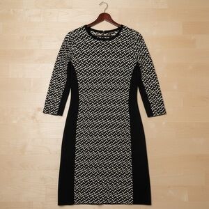 J. McLaughlin Herringbone Black White 3/4 Sleeve Geo Dress Size Medium